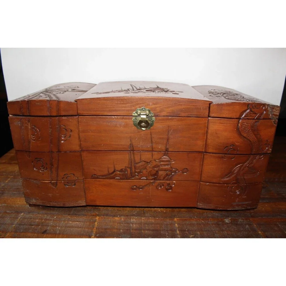 Vintage Asian Wood Carved Large Jewelry Box Dragon Red Velvet Lining SEE NOTE